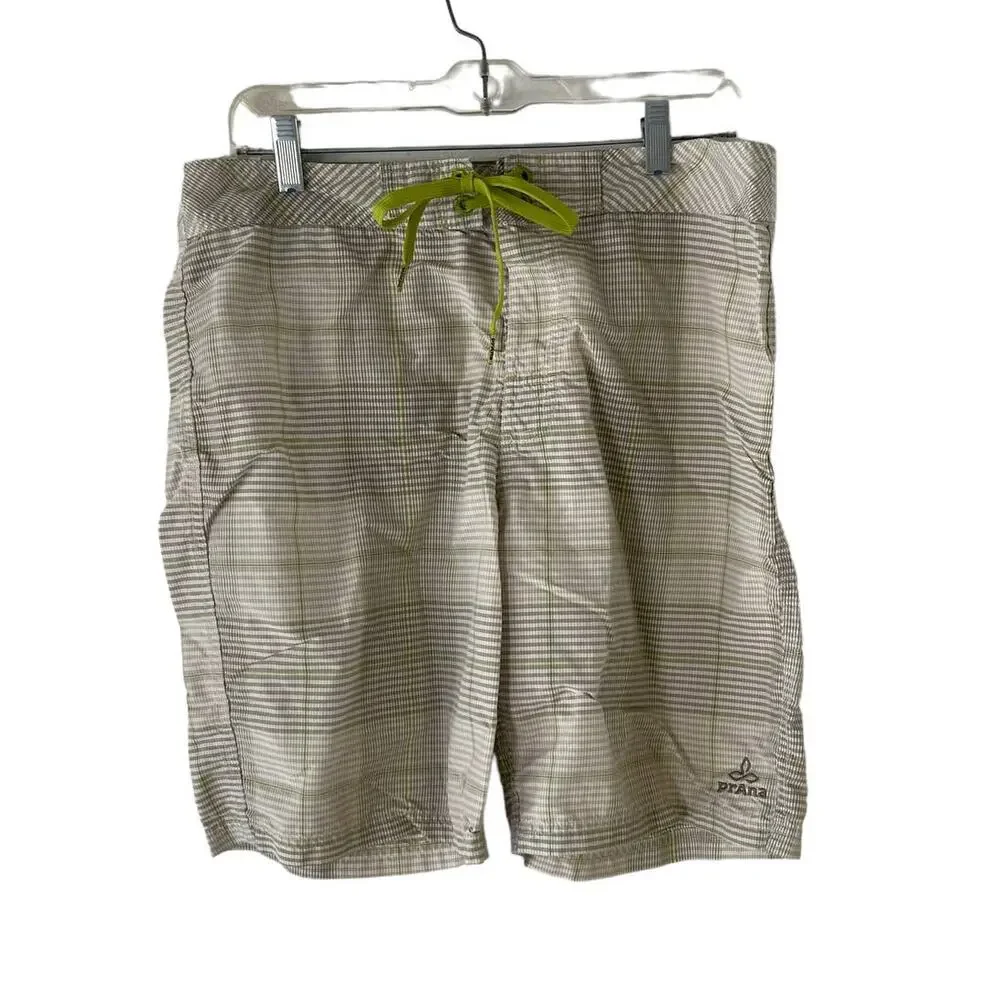Prana Men's Size‎ 34 El Porto UPF 50 Grey White Plaid Board Swim Trunks Shorts